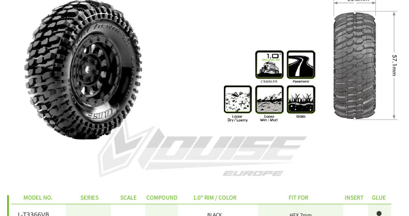 Ruedas Louise CR Champ Crawler 1/18 o 1/24 Hex.7mm Con Llanta (2pcs) LR-T3366VB
