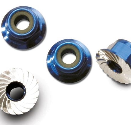 Tuercas de aluminio con brida y dentadas (4 mm) (anodizadas en azul) (4), TRX1747R