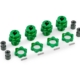 Cubos de rueda, estriados, 17 mm, cortos (anodizados en verde) (4)/ Tuercas de rueda, estriadas, 17 mm (anodizadas en verde) (4)/ Retenedor de cubo M4 X 0,7 (4)/ Pasador de eje (4) (para usar con el kit de actualización n.º 9080)