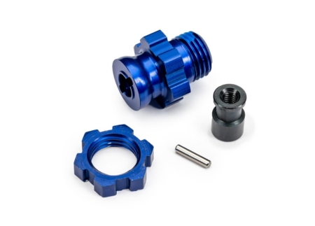 Cubo de rueda, estriado, 17 mm, corto (anodizado azul) (1)/ Tuerca de rueda, estriada, 17 mm (anodizado azul) (1)/ Retenedor de cubo, M4 X 0,7 (1)/ Pasador de eje (1) (para usar con el kit de actualización n.º 9080)