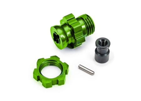Cubo de rueda, estriado, 17 mm, corto (anodizado verde) (1)/ Tuerca de rueda, estriada, 17 mm (anodizado verde) (1)/ Retenedor de cubo, M4 X 0,7 (1)/ Pasador de eje (1) (para usar con el kit de actualización n.º 9080)