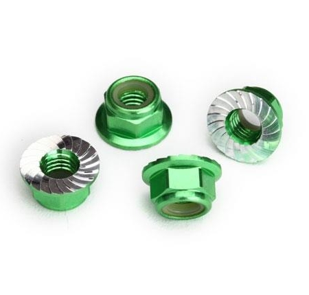 Tuercas de bloqueo de nailon con brida de 5 mm (aluminio, anodizado verde, dentado) (4)