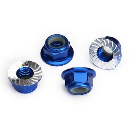 Tuercas de bloqueo de nailon con brida de 5 mm (aluminio, anodizado azul, dentado) (4)