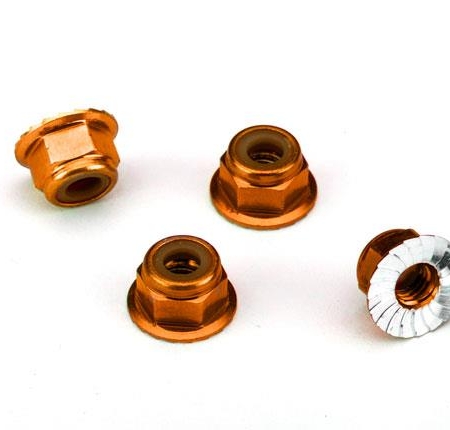Tuercas de aluminio con bridas y dentadas (4 mm) (anodizadas en naranja) (4)