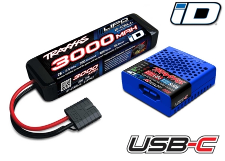 Paquete completo de batería/cargador (incluye cargador USB-C NiMH/LiPo iD n.° 2985 (1), batería LiPo iD de 2 celdas 20 C y 3000 mAh n.° 2827X)