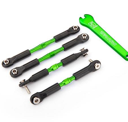 Tensores, aluminio (anodizado verde), enlaces de inclinación, delanteros, 39 mm (2), traseros, 49 mm (2) (ensamblados con extremos de varilla y bolas huecas) / llave