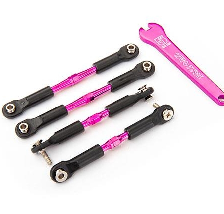 Tensores, aluminio (anodizado rosa), enlaces de inclinación, delanteros, 39 mm (2), traseros, 49 mm (2) (ensamblados con extremos de varilla y bolas huecas) / llave