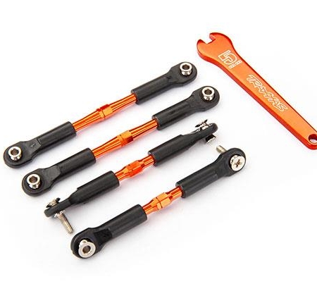 Tensores, aluminio (anodizado naranja), enlaces de inclinación, delanteros, 39 mm (2), traseros, 49 mm (2) (ensamblados con extremos de varilla y bolas huecas) / llave