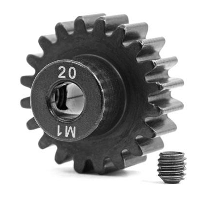 Engranaje, piñón de 20 dientes (acero mecanizado y endurecido) (paso métrico de 1,0) (se adapta a eje de 5 mm)/tornillo de fijación