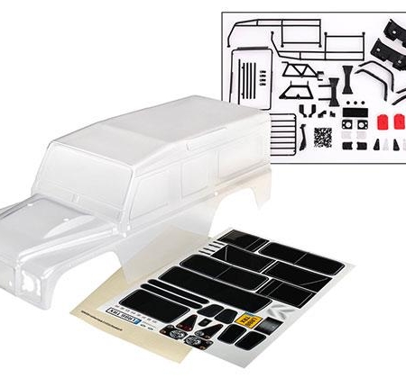 Carrocería, Land Rover Defender, completa (transparente, recortada, requiere pintura) (incluye parrilla, espejos laterales, manijas de las puertas, limpiaparabrisas, ExoCage, soporte para llanta de repuesto, calcomanías, máscaras de ventanas)