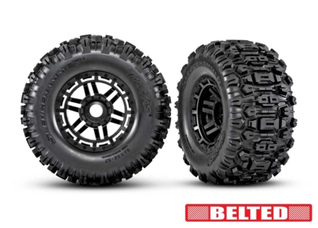 Neumáticos y ruedas, ensamblados, pegados (ruedas negras, neumáticos Sledgehammer All-Terrain con cinturón, perfil doble (2,9' exterior, 3,8' interior), insertos de espuma) (2) (17 mm estriados) (clasificación TSM)