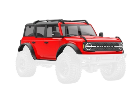 Carrocería, Ford Bronco (2021), completa, roja (incluye parrilla, espejos laterales, manijas de las puertas, protectores de guardabarros, limpiaparabrisas, soporte para llanta de repuesto y montaje sin clip)