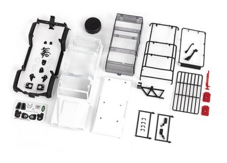 Carrocería, Land Rover Defender, completa (blanca, requiere pintura) (incluye parrilla, espejos laterales, manijas de las puertas, protectores de guardabarros, bidones de combustible, gato, soporte para llanta de repuesto y montaje sin clip)