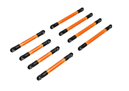 Juego de enlaces de suspensión, aluminio 6061-T6 (anodizado naranja) (incluye enlaces inferiores delanteros de 5 x 53 mm (2), enlaces superiores delanteros de 5 x 46 mm (2), enlaces inferiores o superiores traseros de 5 x 68 mm (4))