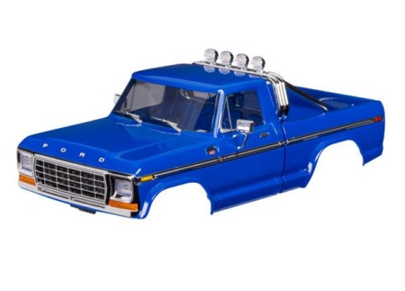 Carrocería, camioneta Ford F-150 (1979), completa, azul (incluye parrilla, espejos laterales, manijas de las puertas, barra antivuelco, limpiaparabrisas, moldura lateral y montaje sin clip) (requiere parachoques delantero y trasero n.° 9834)