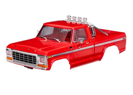 Carrocería, camioneta Ford F-150 (1979), completa, roja (incluye parrilla, espejos laterales, manijas de las puertas, barra antivuelco, limpiaparabrisas, moldura lateral y montaje sin clip) (requiere parachoques delantero y trasero n.° 9834)