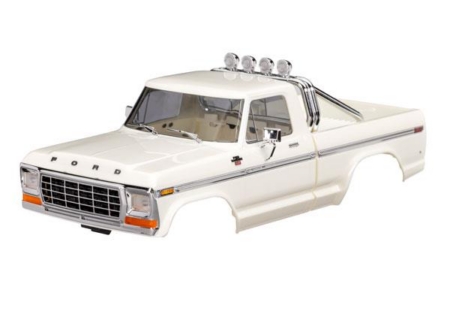 Carrocería, camioneta Ford F-150 (1979), completa, blanca (incluye parrilla, espejos laterales, manijas de las puertas, barra antivuelco, limpiaparabrisas, moldura lateral y montaje sin clip) (requiere parachoques delantero y trasero n.° 9834)